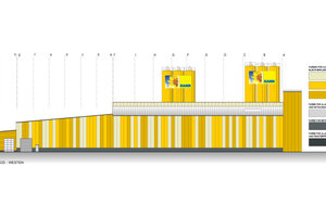  Die Fassade des neuen Werkes in Urmitz wird in verschiedenen Gelb- und Weißtönen gestaltet. 