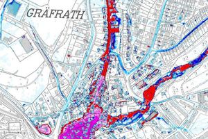  Oberflächensimulation von Starkregen in der Altstadt Gräfrath. 