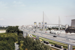  Der Gewinnerentwurf: Die neue Süderelbequerung wird als Schrägseilbrücke mit zwei hohen Pylonen konzipiert 