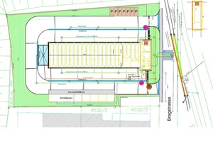  Lageplanausschnitt Flussbaubetriebshof Donaueschingen. Auf dem Gelände befinden sich zwei Sedimentationsanlagen für jeweils 1.600 m² Einzugsfläche sowie ein Schlamm- und Koaleszenzabscheider 